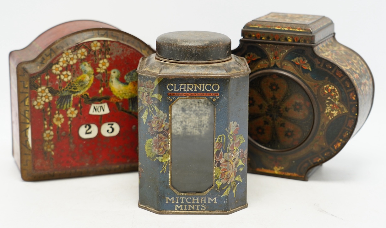 An early 20th century Bassett & Co. Ltd. novelty perpetual calendar confectionery tin, 16cm high, together with nine further assorted biscuit and confectionery tins. Condition - poor-fair